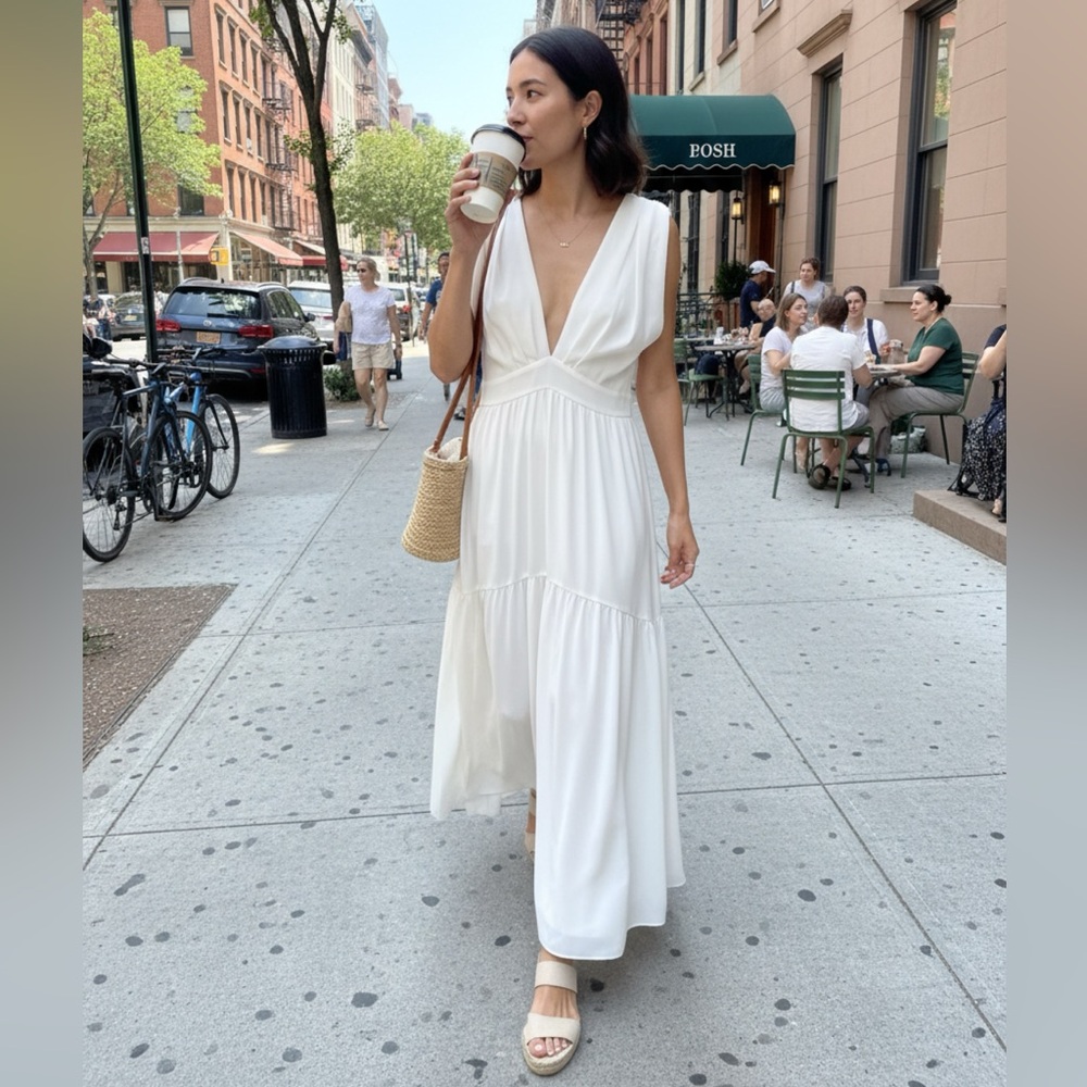 BCBG White V-Neck Marilyn Monroe Midi Dress CrissCross back Old Hollywood Style